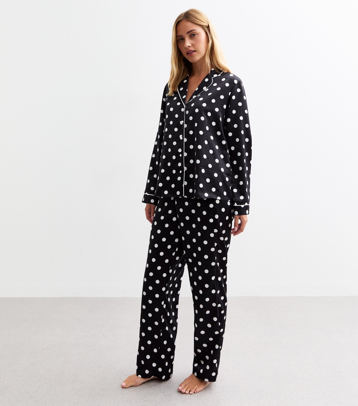 Women's Black Satin Polka Dot Pyjama Set New Look