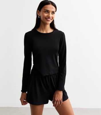 Black Ribbed Stretch Jersey Short Pyjama Set 