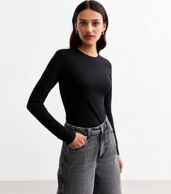 Black Cotton Blend Crew Neck Long Sleeved Top