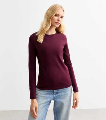 Burgundy Cotton Blend Crew Neck Long Sleeved Top