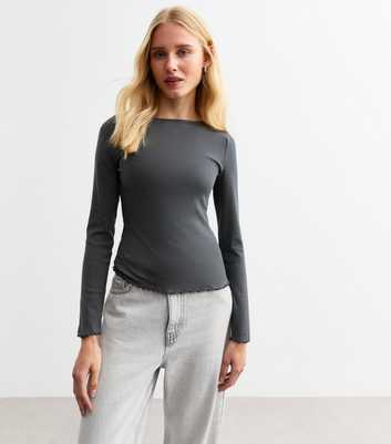 Grey Ribbed Crew Neck Long Sleeved Top