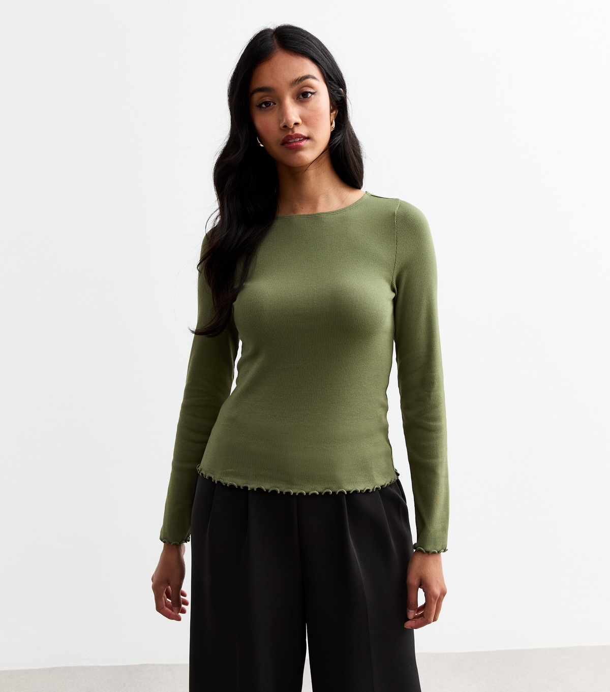 Women's Khaki Ribbed Crew Neck Long Sleeved Top New Look