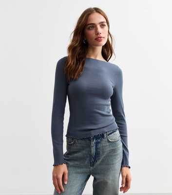 Blue Ribbed Crew Neck Long Sleeved Top