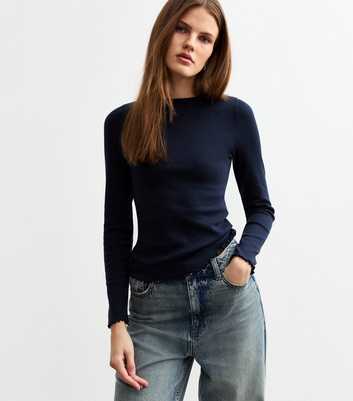 Navy Ribbed Crew Neck Long Sleeved Top