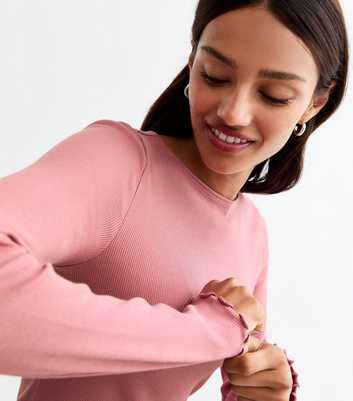 Pink Ribbed Crew Neck Long Sleeved Top