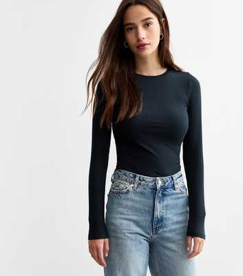 Navy Ribbed Cotton Blend Crew Neck Bodysuit