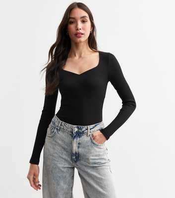 Black Sweetheart Neck Long Sleeve Bodysuit