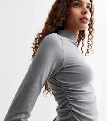 Grey High Neck Ruched Long Sleeve Top