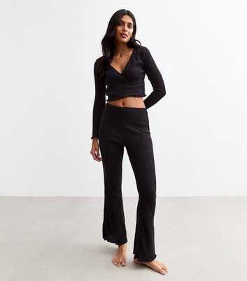 Black Ribbed Jersey Flared Trousers