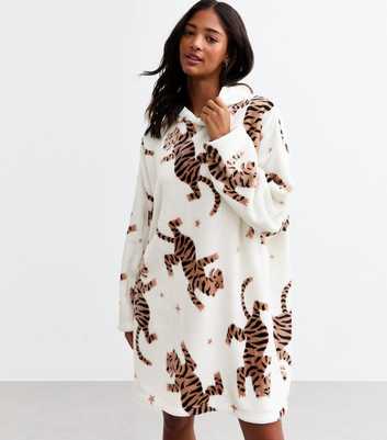 White Tiger Print Oversized Fleece Hoodie