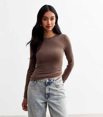 Brown Ribbed Crew Neck Long Sleeved Top