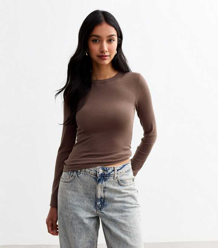 Brown Ribbed Crew Neck Long Sleeved Top