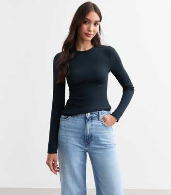 Navy Ribbed Crew Neck Long Sleeved Top