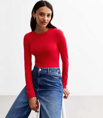 Red Ribbed Crew Neck Long Sleeved Top