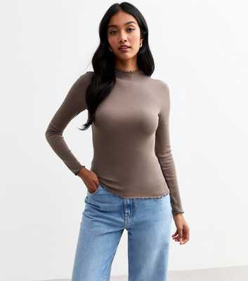 Mink Ribbed High Neck Long Sleeved Top