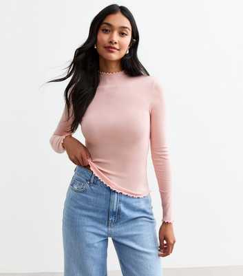 Pink Ribbed High Neck Long Sleeved Top