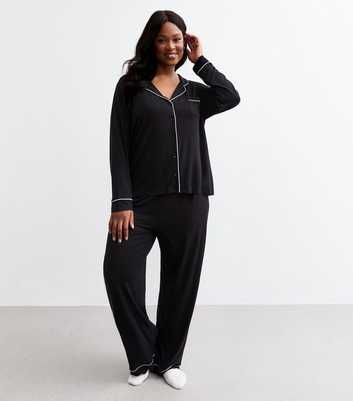 Curves Black Contrast Piping Jersey Pyjamas