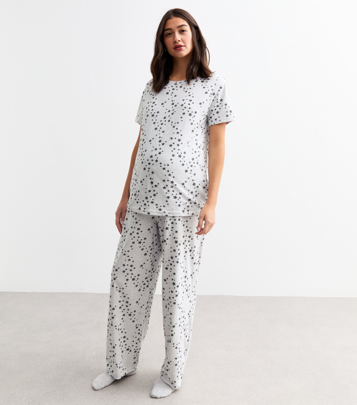 Women's Maternity Grey Star Print Wide Leg Long Pyjama Set New Look