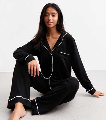 Petite Black Jersey Shirt Trouser Pyjama Set