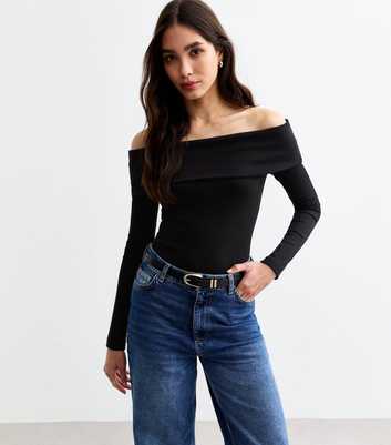 Black Ribbed Foldover Bardot Top