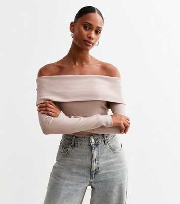 Pink Ribbed Foldover Bardot Top