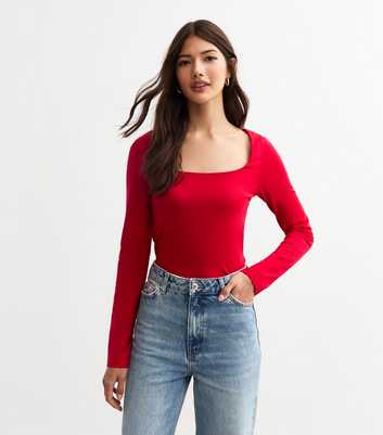 Red Square Neck Long Sleeve Top