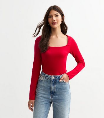 Red Square Neck Long Sleeve Top New Look