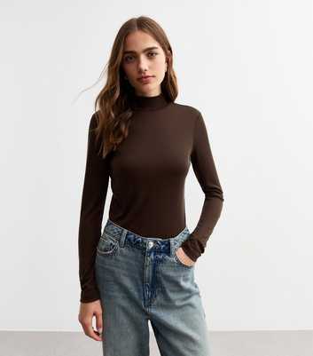 Brown High Neck Long Sleeve Top