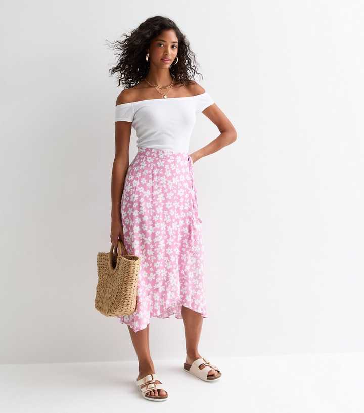 Sunshine Soul Pink Floral Print Wrap Midi Skirt New Look