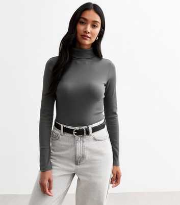 Grey Rib Roll Neck Top 