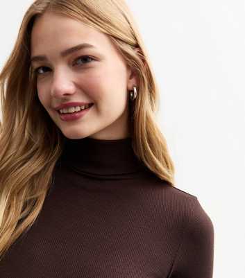 Dark Brown Rib Roll Neck Top 