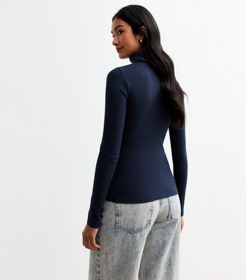 Navy Rib Roll Neck Top New Look