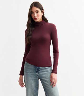 Burgundy Rib Roll Neck Top 