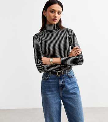 Black Striped Rib Roll Neck Top