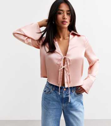 Petite Pink Satin Tie Front Shirt 