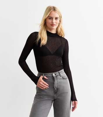 Tall Black Sheer Mesh Long Sleeve Top 