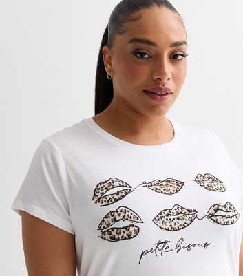 Curves White Cotton Petite Bisous Leopard Lips T-Shirt