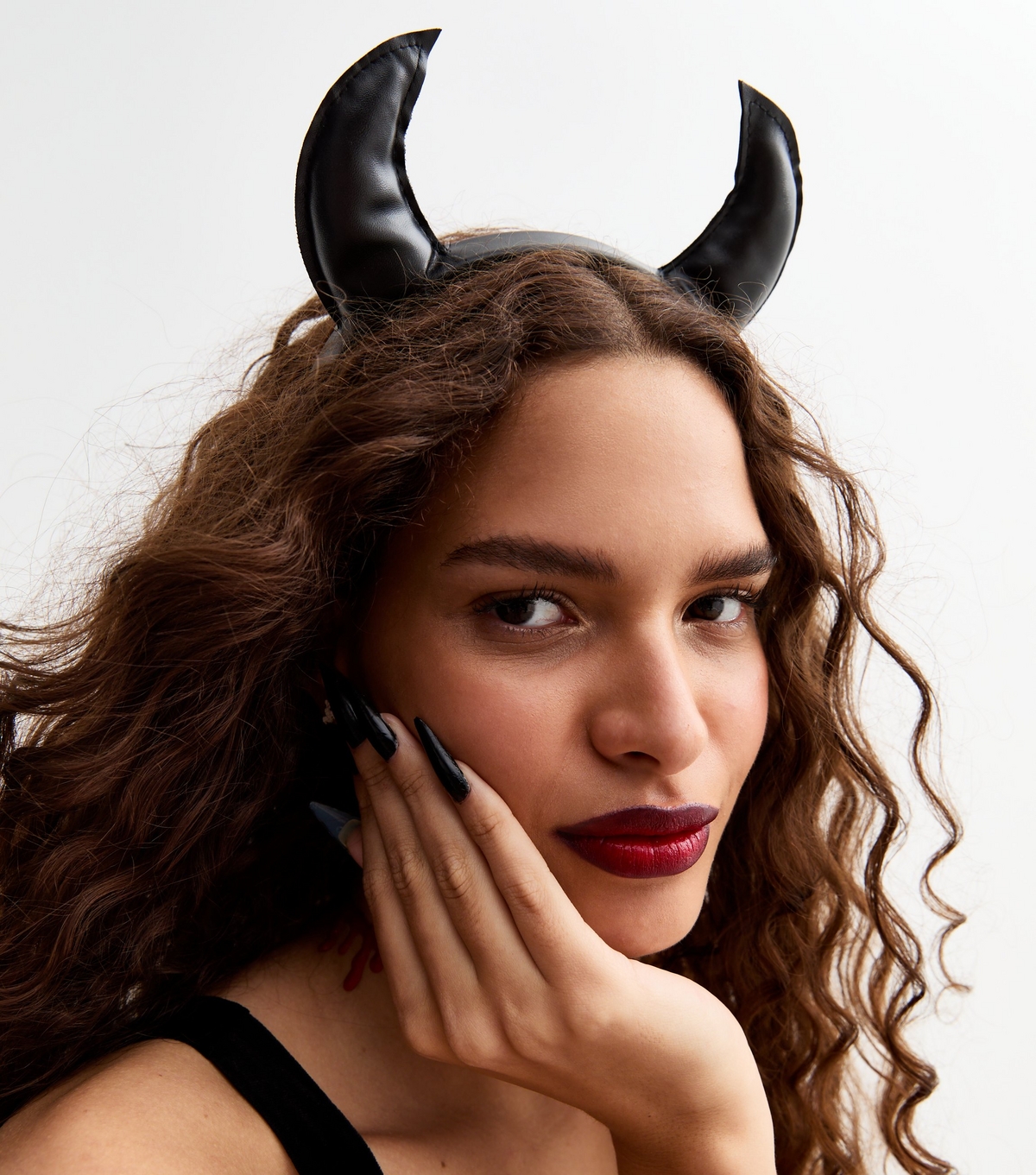 Black Leather-Look Devil Horn Halloween Headband New Look