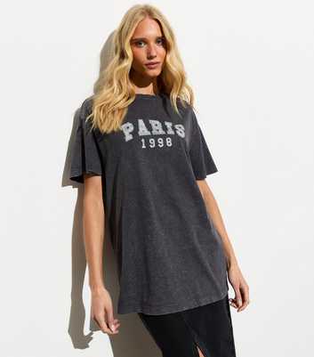 Dark Grey Cotton Acid Wash Paris Slogan Oversized T-Shirt