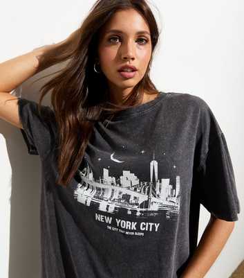 Dark Grey New York City Slogan Print Acid Wash T-Shirt 