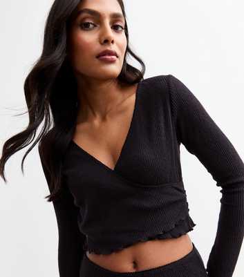 Black Ribbed Jersey Wrap Top