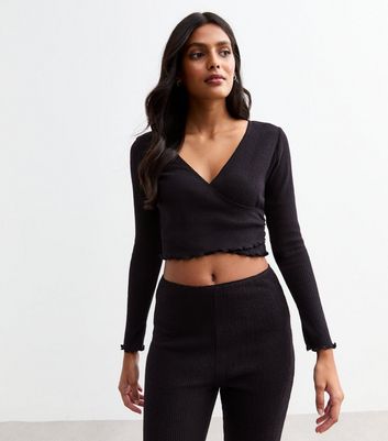 Black Ribbed Jersey Wrap Top New Look