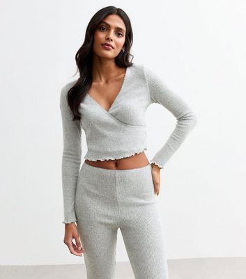 Grey Ribbed Jersey Wrap Top New Look