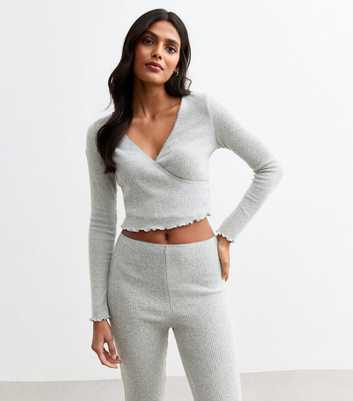 Grey Ribbed Jersey Wrap Top