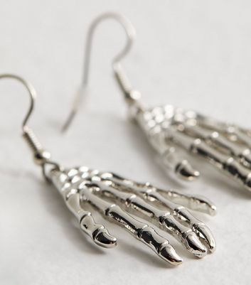 Silver Tone Halloween Skeleton Hand Drop Earrings New Look