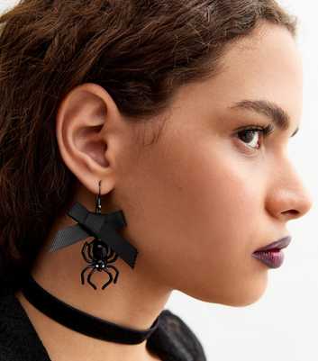 Black Bow Spider Halloween Earrings