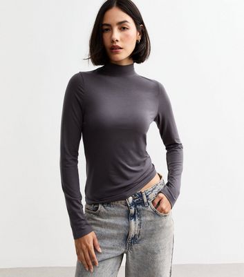 Grey Stand Neck Long Sleeve Jersey Top New Look