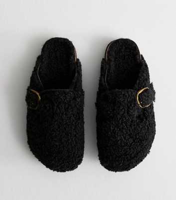 Black Buckled Borg Mule Slippers