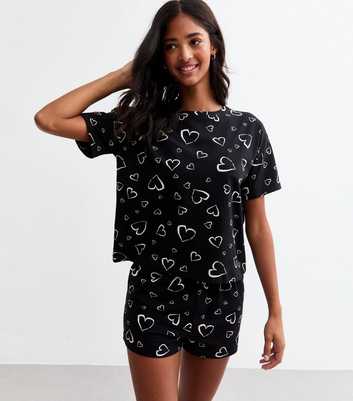 Black Cotton Heart Print Pyjama Set