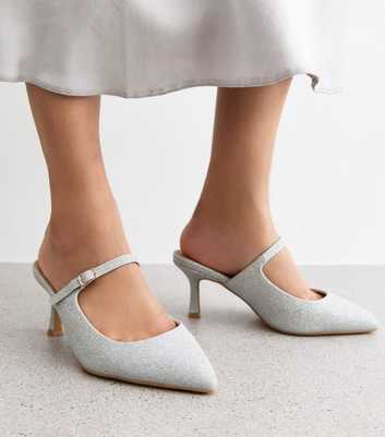 Wide Fit Silver Diamante Buckle Heel Mules